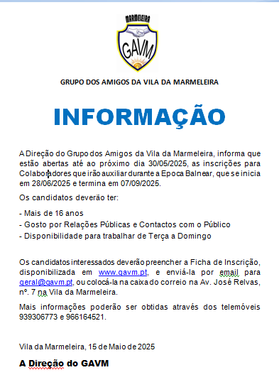 Inscrição de Colaboradores - Piscinas Época Balnear de 2025 -  Grupo dos Amigos da Vila da Marmeleira