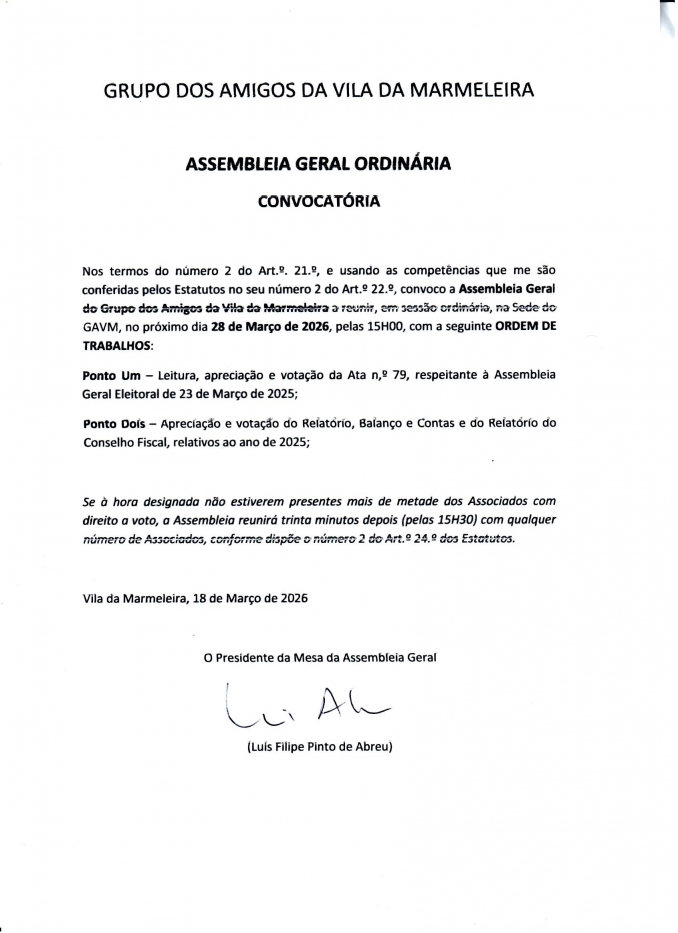 Assembleia Geral Ordinária -  Grupo dos Amigos da Vila da Marmeleira