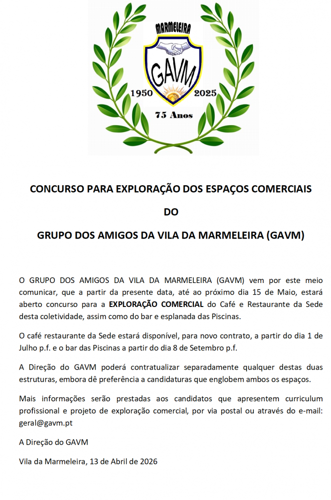 Concurso para Exploração Comercial de Espaços -  Grupo dos Amigos da Vila da Marmeleira